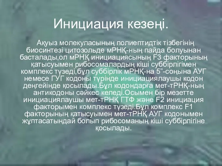 Инициация кезеңі. Ақуыз молекуласының полиептидтік тізбегінің биосинтезі цитозольде мРНҚ-ның пайда