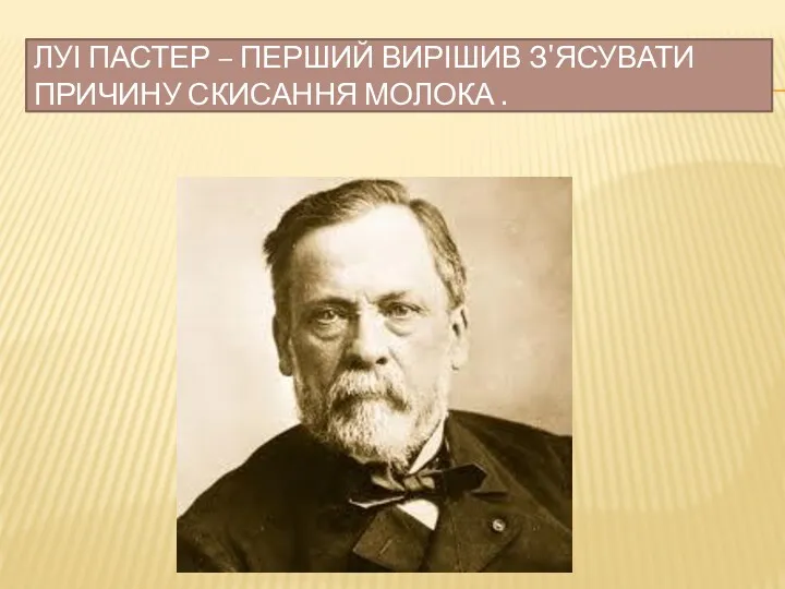 ЛУІ ПАСТЕР – ПЕРШИЙ ВИРІШИВ З'ЯСУВАТИ ПРИЧИНУ СКИСАННЯ МОЛОКА .