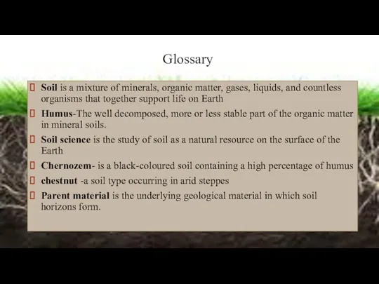 Glossary Soil is a mixture of minerals, organic matter, gases,