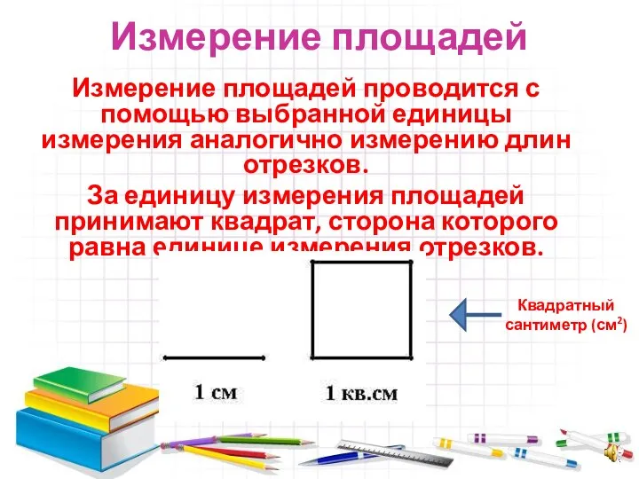 Измерение площадей Измерение площадей проводится с помощью выбранной единицы измерения