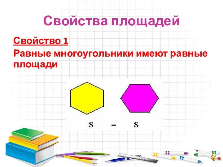 Свойства площадей Свойство 1 Равные многоугольники имеют равные площади