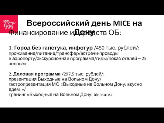 Всероссийский день MICE на Дону Финансирование из средств ОБ: 1.