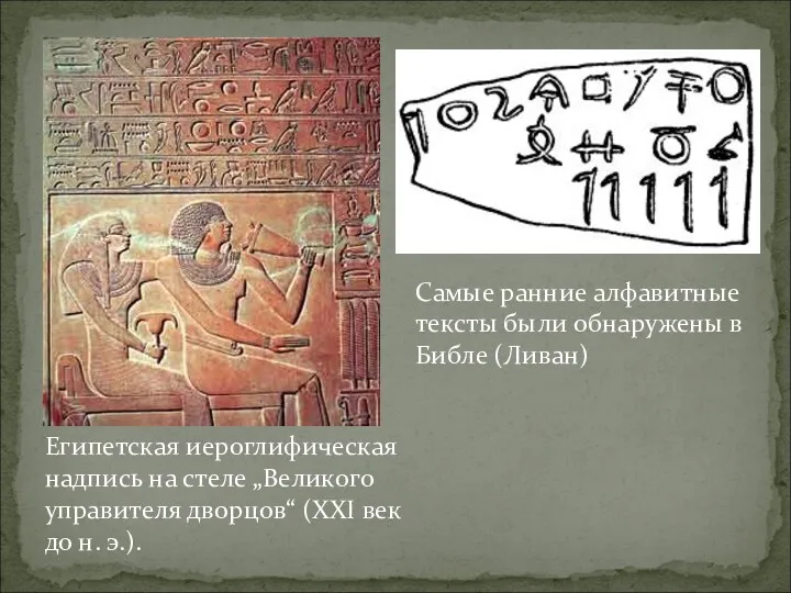 Самые ранние алфавитные тексты были обнаружены в Библе (Ливан) Египетская