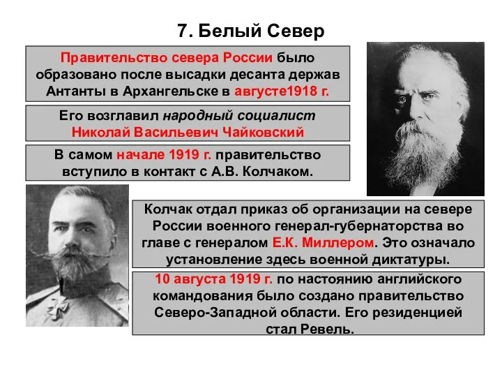 7. Белый Север Правительство севера России было образовано после высадки