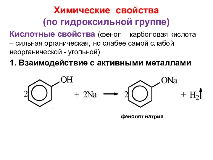 Химические свойства (по гидроксильной группе) Кислотные свойства (фенол – карболовая