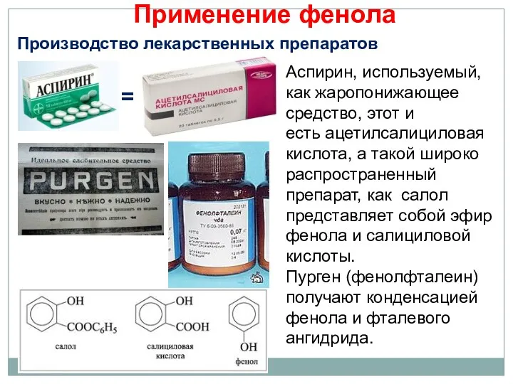 Применение фенола Производство лекарственных препаратов = Аспирин, используемый, как жаропонижающее
