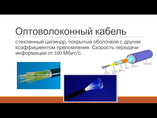 Оптоволоконный кабель стеклянный цилиндр, покрытый оболочкой с другим коэффициентом преломления. Скорость передачи информации от 100 Мбит/с.