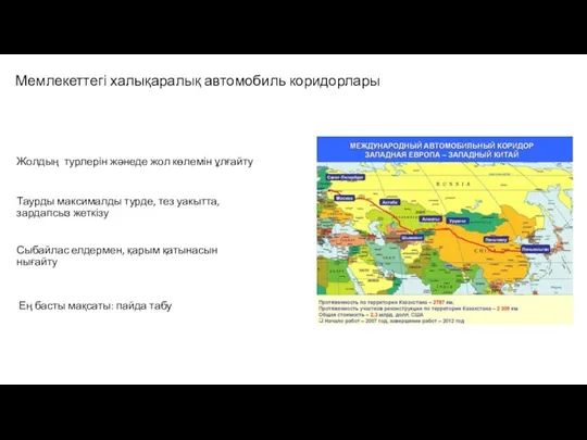 Мемлекеттегі халықаралық автомобиль коридорлары Жолдың турлерін жәнеде жол көлемін ұлғайту