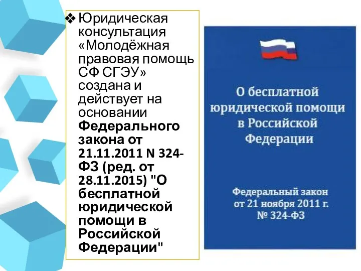 Юридическая консультация «Молодёжная правовая помощь СФ СГЭУ» создана и действует на основании Федерального