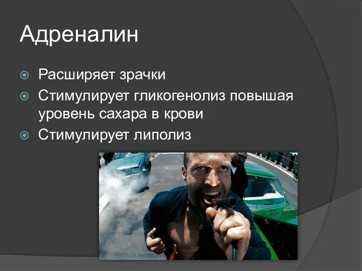 Адреналин Расширяет зрачки Стимулирует гликогенолиз повышая уровень сахара в крови Стимулирует липолиз