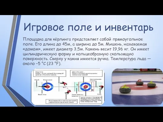 Игровое поле и инвентарь Площадка для кёрлинга представляет собой прямоугольное