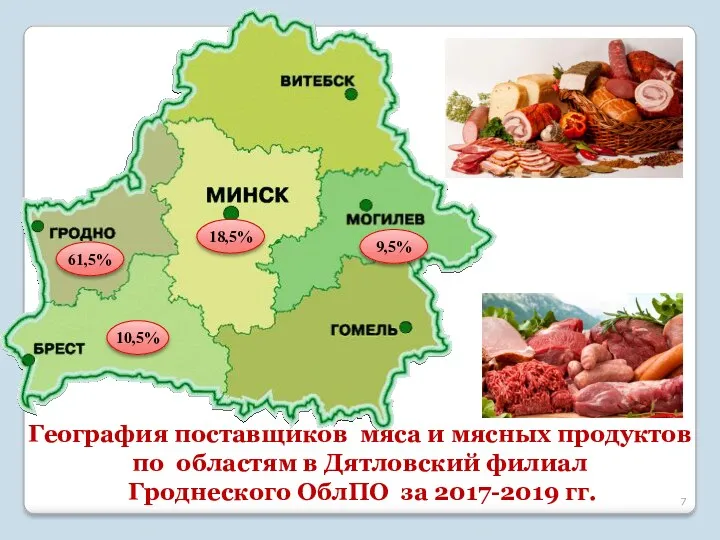 9,5% 18,5% 10,5% 61,5% География поставщиков мяса и мясных продуктов