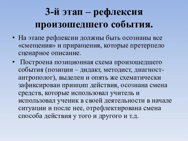 3-й этап – рефлексия произошедшего события. На этапе рефлексии должны