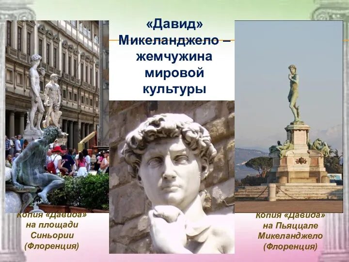 «Давид» Микеланджело – жемчужина мировой культуры Копия «Давида» на площади