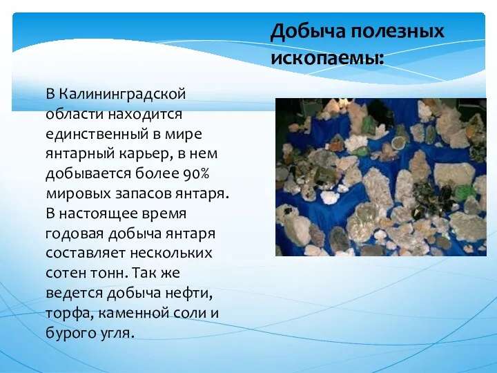 Добыча полезных ископаемы: В Калининградской области находится единственный в мире янтарный карьер, в