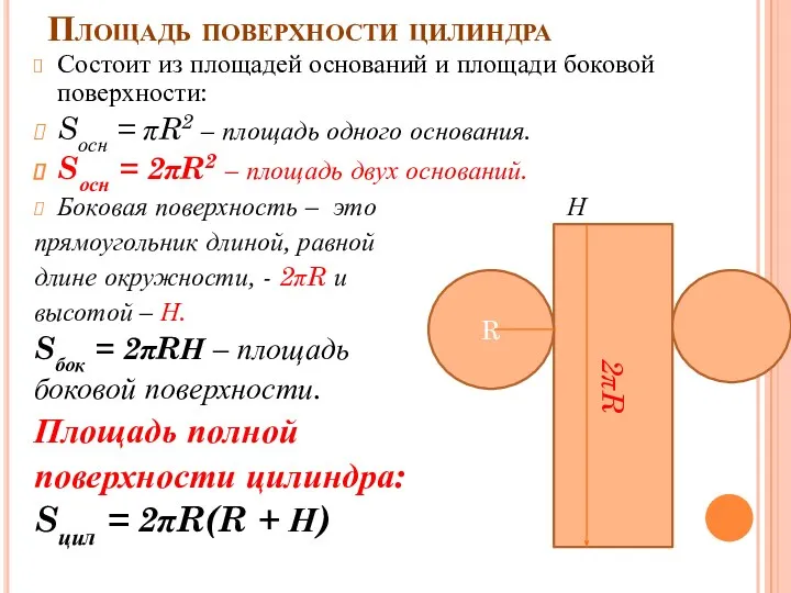 Площадь поверхности цилиндра Состоит из площадей оснований и площади боковой