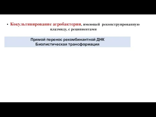 • Кокультивирование агробактерии, имеющей реконструированную плазмиду, с реципиентами Прямой перенос рекомбинантной ДНК Биолистическая трансформация