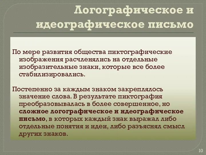 Логографическое и идеографическое письмо По мере развития общества пиктографические изображения