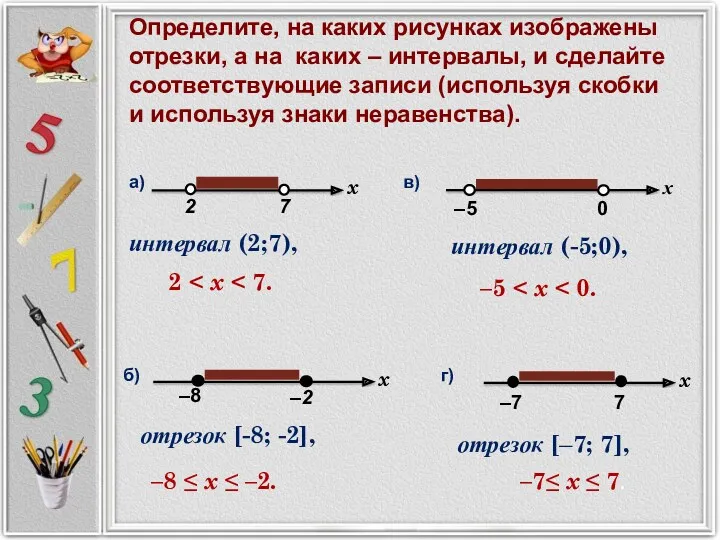 Определите, на каких рисунках изображены отрезки, а на каких – интервалы, и сделайте