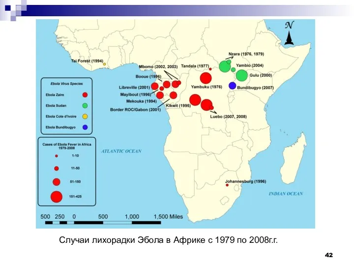 Случаи лихорадки Эбола в Африке с 1979 по 2008г.г.