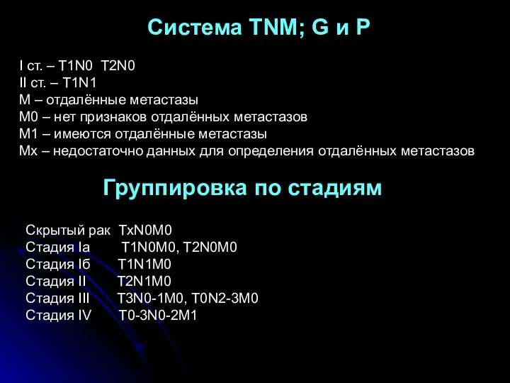 Система TNM; G и P I ст. – T1N0 T2N0 II ст. –