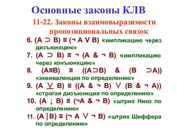 Основные законы КЛВ 11-22. Законы взаимовыразимости пропозициональных связок 6. (A ⊃ В) ≡