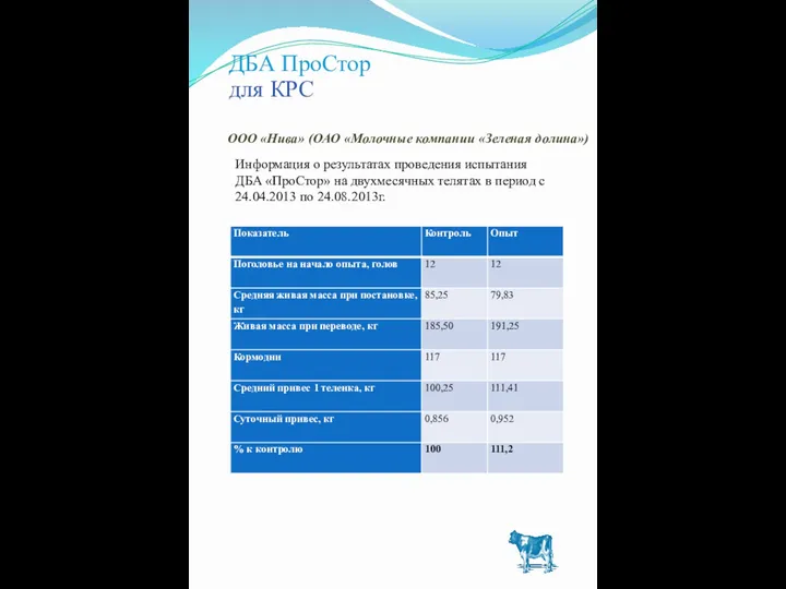 ДБА ПроСтор для КРС ООО «Нива» (ОАО «Молочные компании «Зеленая