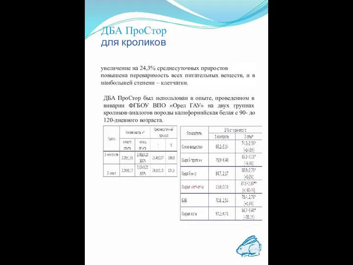 ДБА ПроСтор для кроликов увеличение на 24,3% среднесуточных приростов повышена