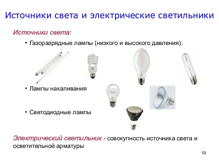 Источники света и электрические светильники Светодиодные лампы Источники света: Газоразрядные