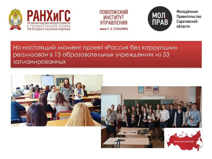 На настоящий момент проект «Россия без коррупции» реализован в 13 образовательных учреждениях из 33 запланированных