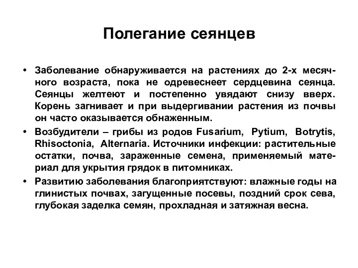 Полегание сеянцев Заболевание обнаруживается на растениях до 2-х месяч-ного возраста,