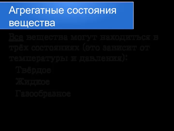 Агрегатные состояния вещества Все вещества могут находиться в трёх состояниях