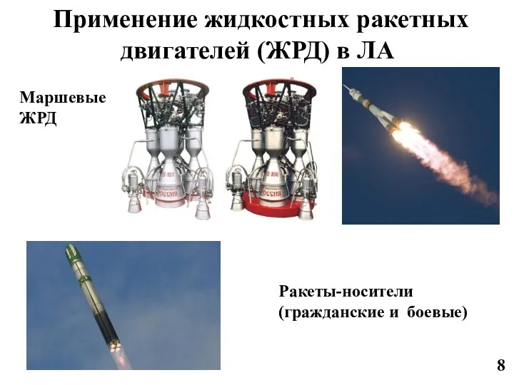 Применение жидкостных ракетных двигателей (ЖРД) в ЛА Ракеты-носители (гражданские и боевые) Маршевые ЖРД 8