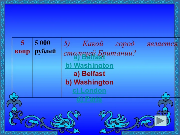 a) Belfast b) Washington a) Belfast b) Washington c) London d) Paris