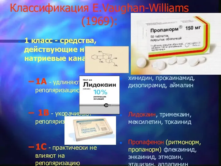 Классификация E.Vaughan-Williams (1969): 1 класс - средства, действующие на натриевые каналы. 1А -