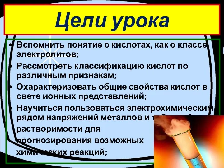 Цели урока Вспомнить понятие о кислотах, как о классе электролитов;