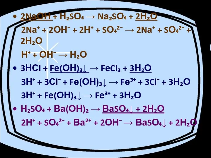 2NаОН + Н₂SО₄ → Nа₂SО₄ + 2Н₂О 2Nа⁺ + 2ОН⁻