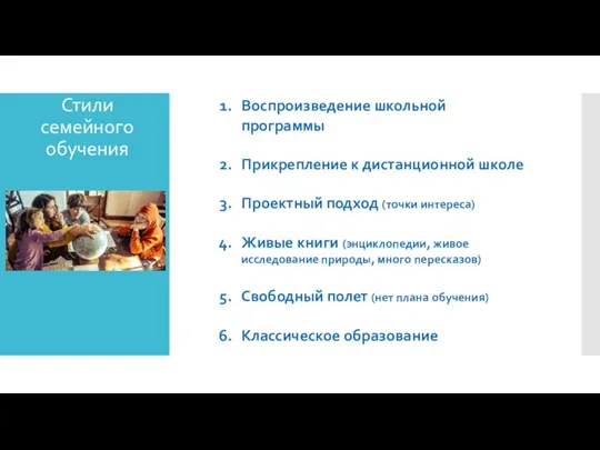 Стили семейного обучения Воспроизведение школьной программы Прикрепление к дистанционной школе