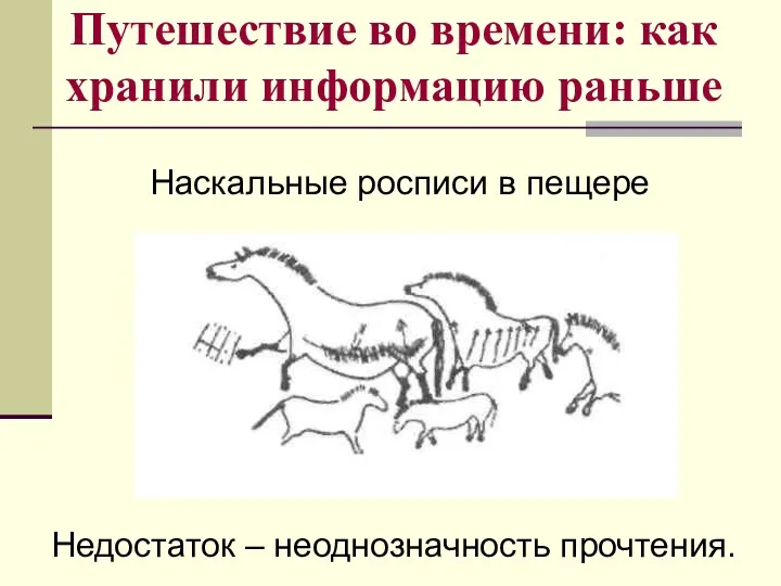 Путешествие во времени: как хранили информацию раньше Наскальные росписи в пещере Недостаток – неоднозначность прочтения.