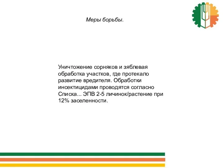 Меры борьбы. Уничтожение сорняков и зяблевая обработка участков, где протекало развитие вредителя. Обработки