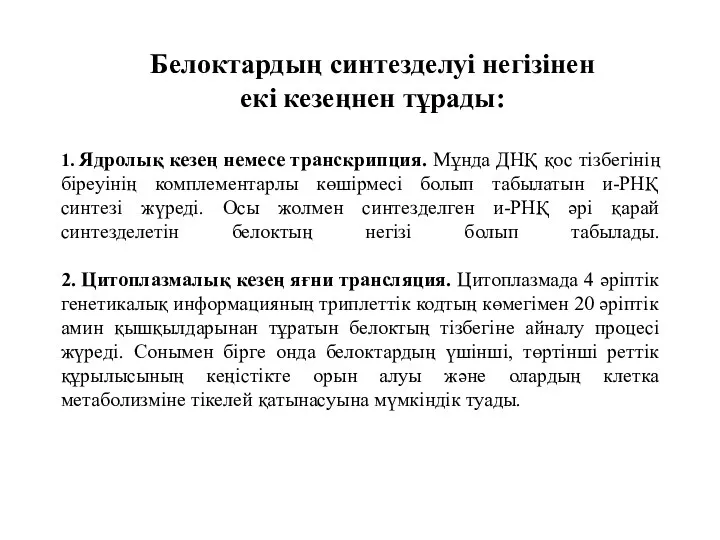 1. Ядролық кезең немесе транскрипция. Мұнда ДНҚ қос тізбегінің біреуінің