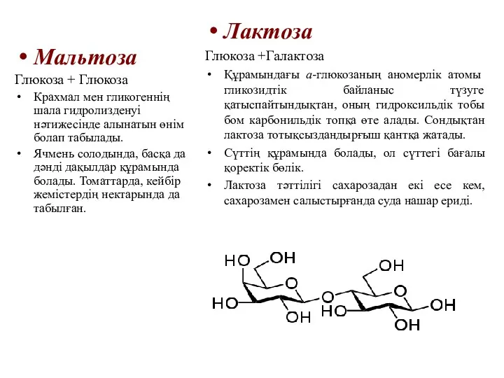 Мальтоза Глюкоза + Глюкоза Крахмал мен гликогеннің шала гидролизденуі нәтижесінде