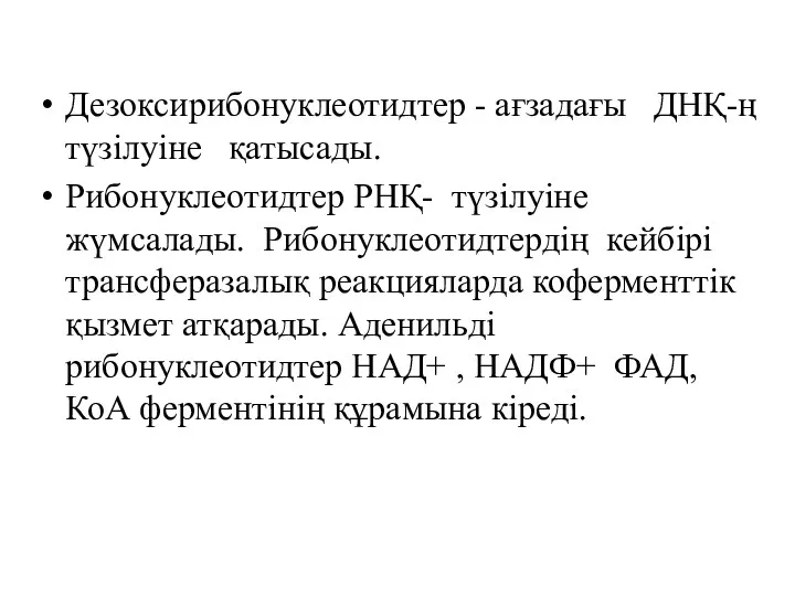 Дезоксирибонуклеотидтер - ағзадағы ДНҚ-ң түзілуіне қатысады. Рибонуклеотидтер РНҚ- түзілуіне жүмсалады.