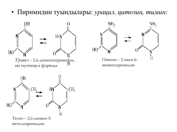 Пиримидин туындылары: урацил, цитозин, тимин: Урацил – 2,6-диоксипиримидин, екі таутомерлі