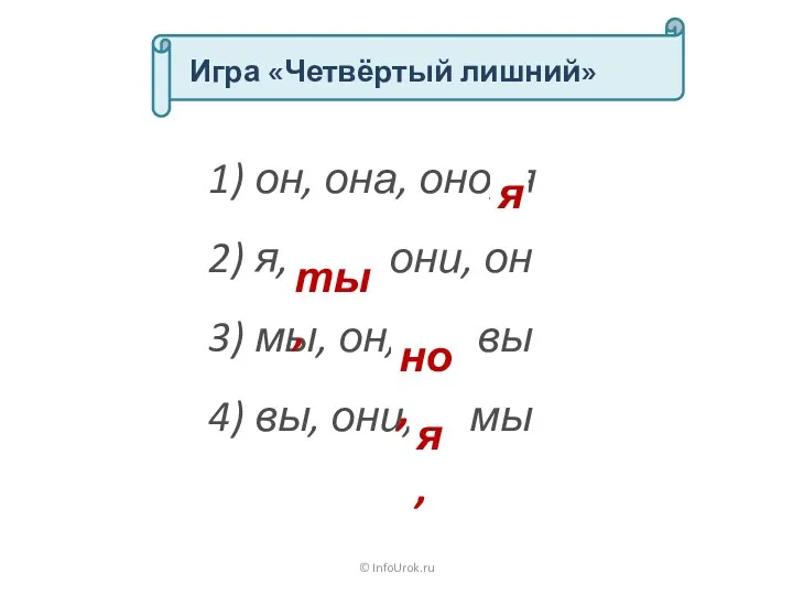 © InfoUrok.ru Игра «Четвёртый лишний» 1) он, она, оно, я