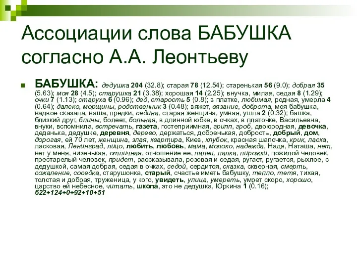 Ассоциации слова БАБУШКА согласно А.А. Леонтьеву БАБУШКА: дедушка 204 (32.8); старая 78 (12.54);