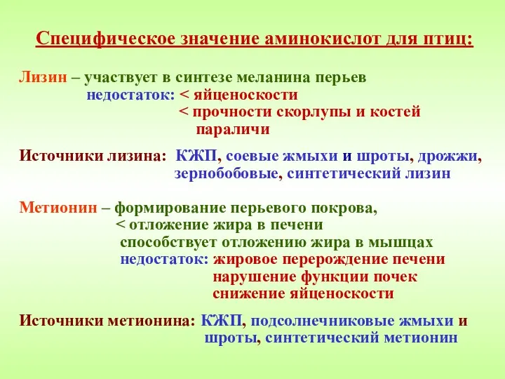 Специфическое значение аминокислот для птиц: Лизин – участвует в синтезе