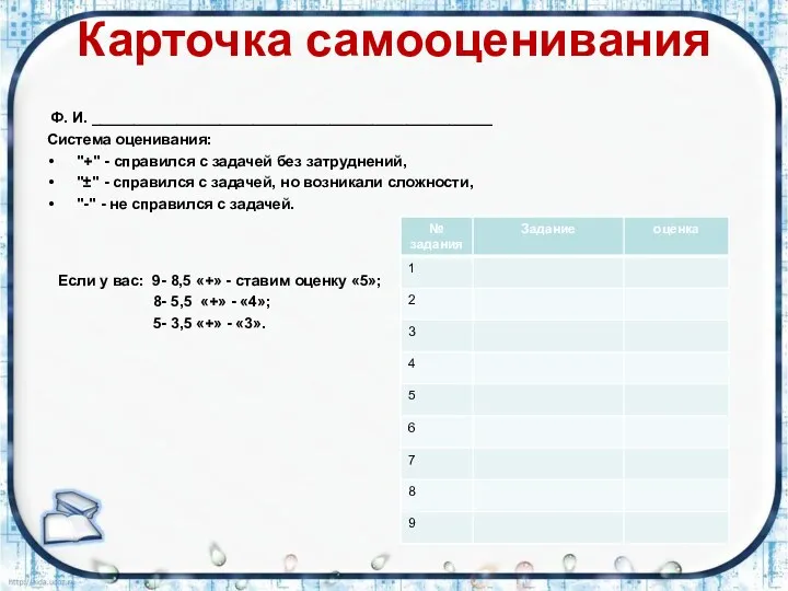 Карточка самооценивания Ф. И. _______________________________________________ Система оценивания: "+" - справился