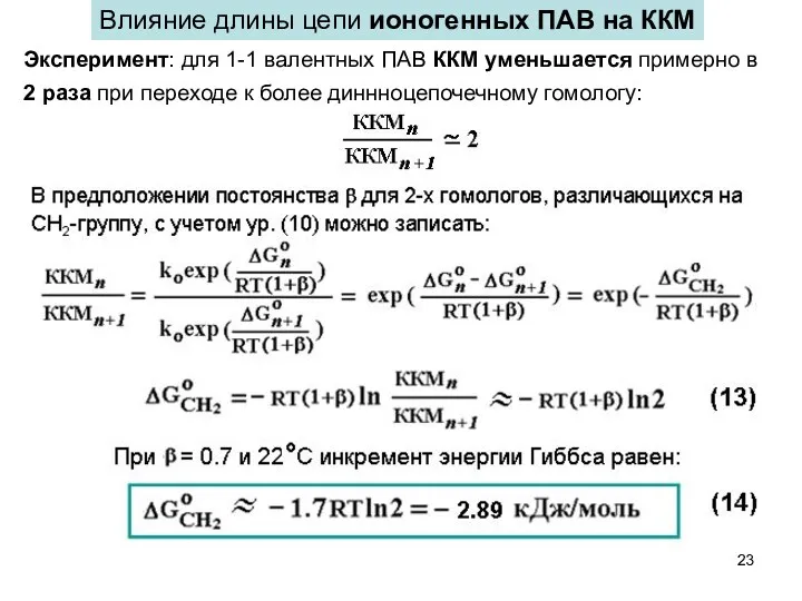 Влияние длины цепи ионогенных ПАВ на ККМ Эксперимент: для 1-1