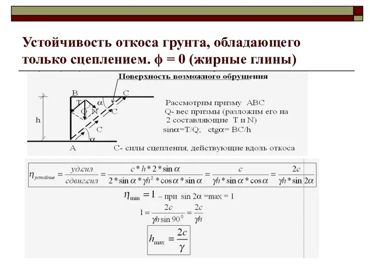 Устойчивость откоса грунта, обладающего только сцеплением. ϕ = 0 (жирные глины)